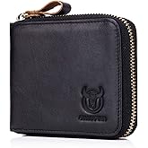 BULLCAPTAIN Mens Genuine Leather Zipper Wallet RFID Blocking Bifold Secure Zip Around Wallets Multi Credit Card Holder Purse (black)