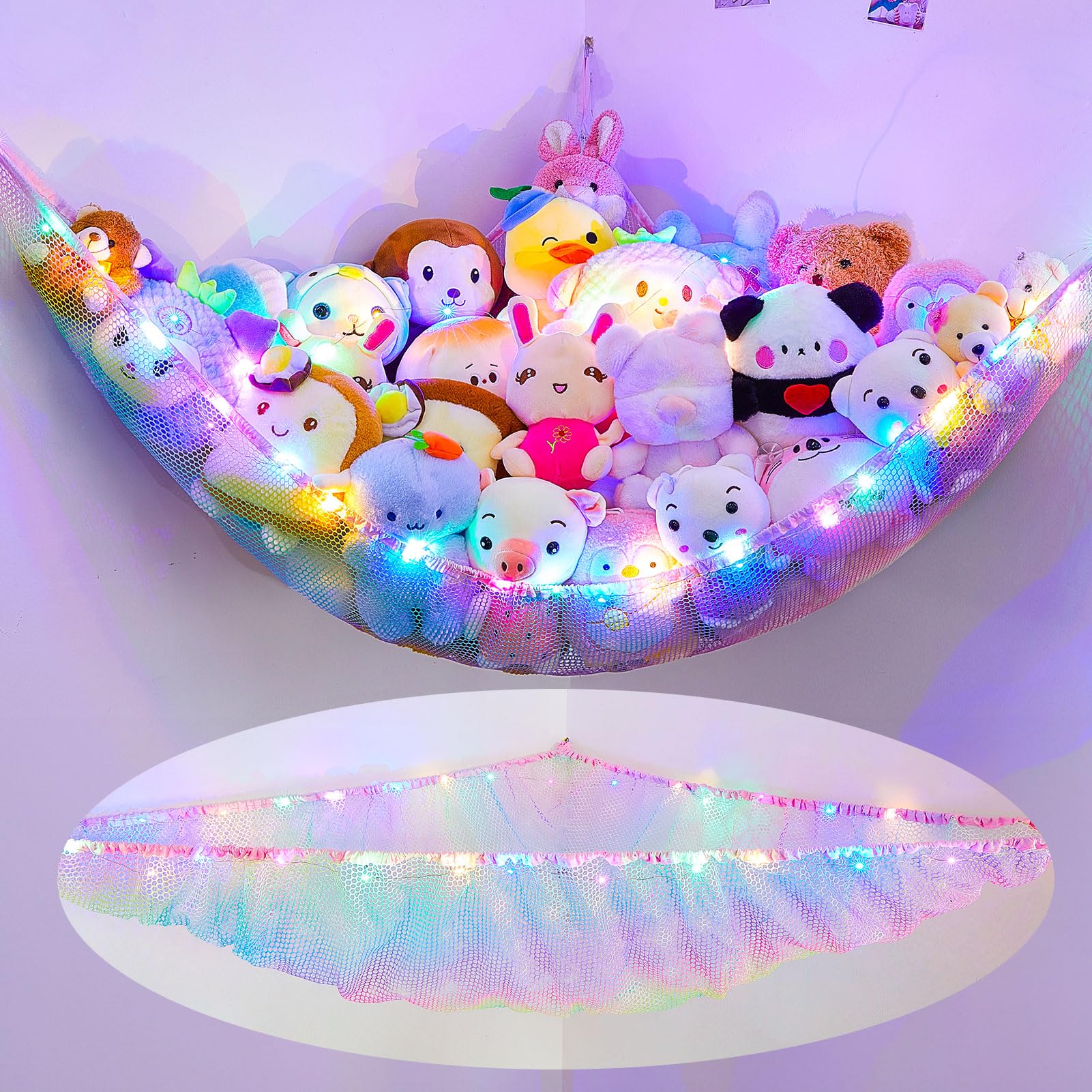 MHJY Toy Hammock for Stuffed Animals Soft Toy Storage Net with LED Light, Cuddly Toys Organizer Holder Large Corner Hanging Net Plush Macrame Kids Bedroom Nursery Furniture Room Decor