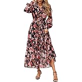 PRETTYGARDEN Womens Spring Dress 2026 Casual Long Sleeve Button Down Belted Boho Floral Flowy Maxi Wedding Guest Dresses
