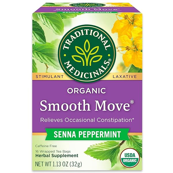 TRADITIONAL MEDICINALS ORGANIC SMOOTH MOVE SENNA PEPPERMINT HERBAL TEA, RELIEVES OCCASIONAL CONSTIPATION, (PACK OF 3) 48 TEA BAGS TOTAL