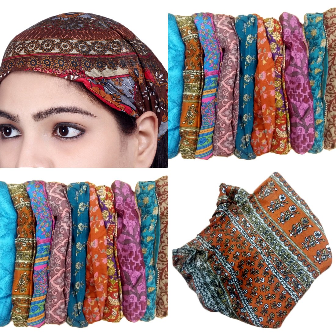 SARJANA Pack of 10 Pieces Women's Men's Headband Wide Hair Bands Bandana Colorful Boho Head Wraps (Silk Printed)