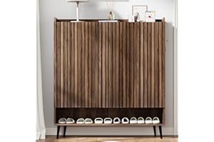 Large Shoe Cabinet with Doors, 3 Door Shoe Storage Cabinet with Adjustable Shelves & Hooks, 6 Tier Shoe Organizer Cabinet for