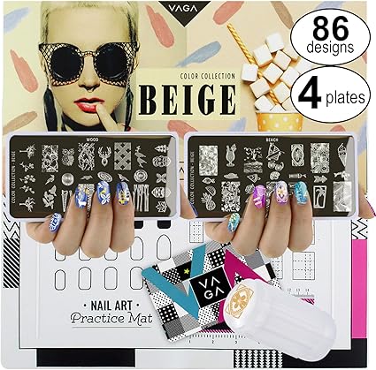 vaga 4 placas para decoracion de unas beige color collection con 86 disenos plantilla para nail art stamping manicura perfecta para estampar
