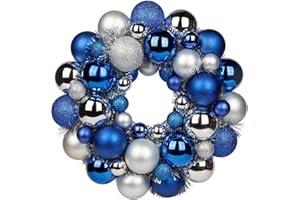 GNFLUS Christmas Ball Wreath 13" Xmas Wreaths Ornaments Glitter Thicken Shatterproof Garland Decoration for Door Wall Mantel Holiday Party Decor, Blue & Silver