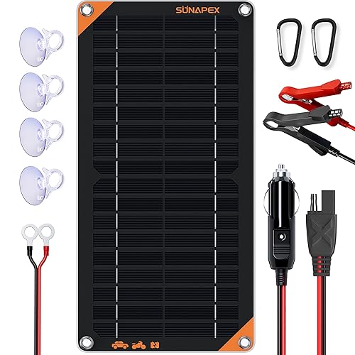 SUNAPEX 10W 12V Solar Panel Battery Charger Maintainer, Portable Waterproof Solar Trickle Charger with Built-in Charge Controller, Cig Plug, Alligator Clips, O-Rings for Car, Truck,Tractor, Boat, etc