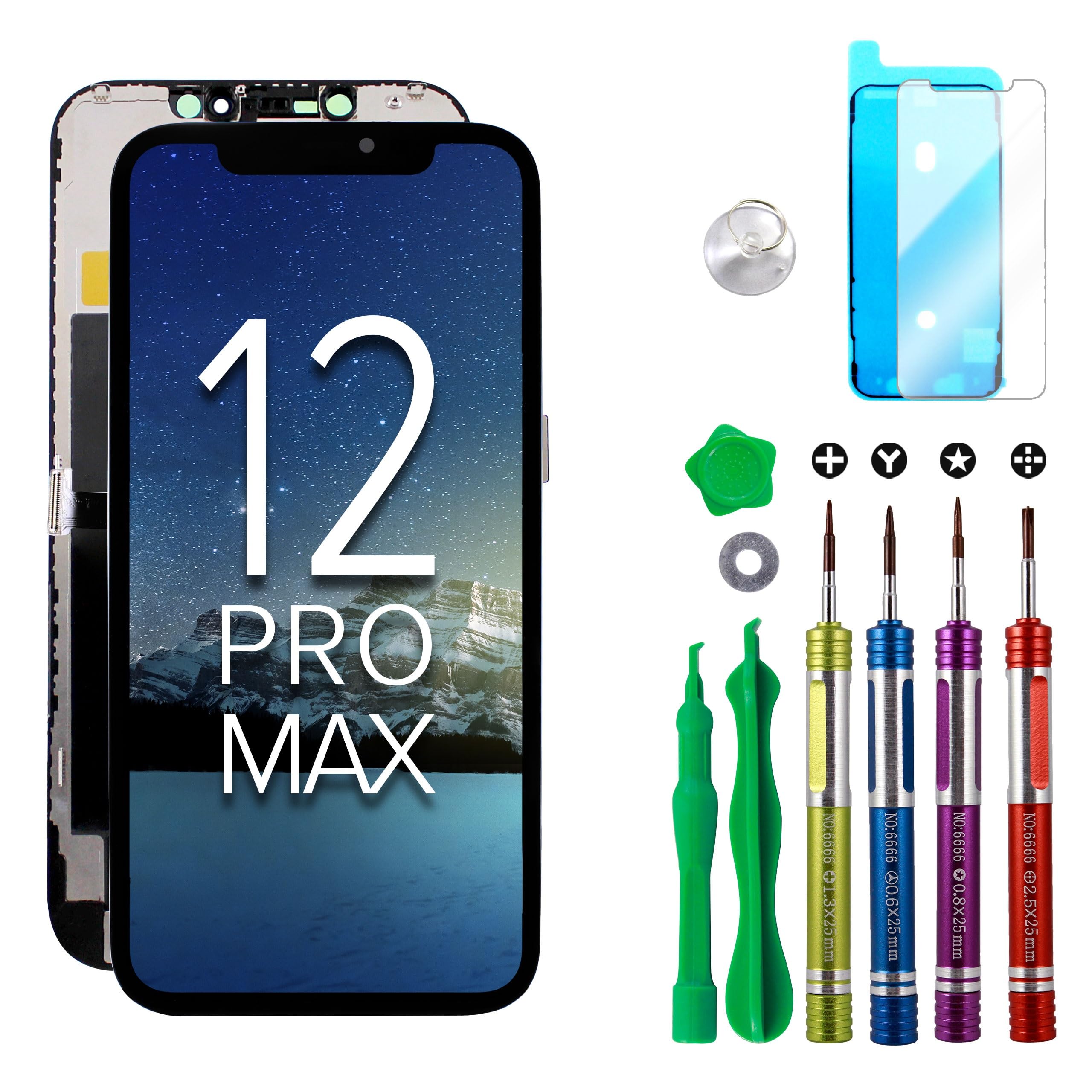 Ace Tech Cellular LCD Screen Replacement for iPhone 12 Pro Max 6.7 inch (Model A2342, A2410, A2412, A2411) 3D Touch Screen Display digitizer Repair kit Assembly w/Complete Tool Set