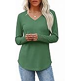AGSEEM Women's Casual V Neck Long Sleeve Waffle Knit Textured Lace Hollow Out Shirts Curve Hem Loose Tunic Tops Blouses