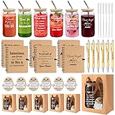 42 Pcs/6 Sets Employee appreciation gifts bulk - Includes 16oz glass cups with bamboo lid, Positive crochet, Kraft paper gift bags & straw - Thank you gifts for coworkers, Teachers, Staff & Team