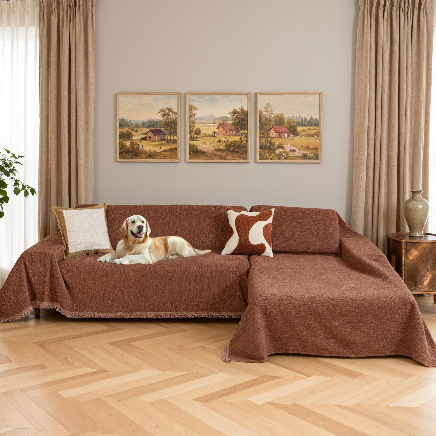 MYSKY HOME Couch Cover for Sectional Sofa, 2 Pieces Chenille Couch Covers for L Shape Sofa Cover, Furniture Protector for Pet, Kid, Sofa Slipcover for 2-3 Cushion Couch (71"x118"+71"x118", Chocolate)