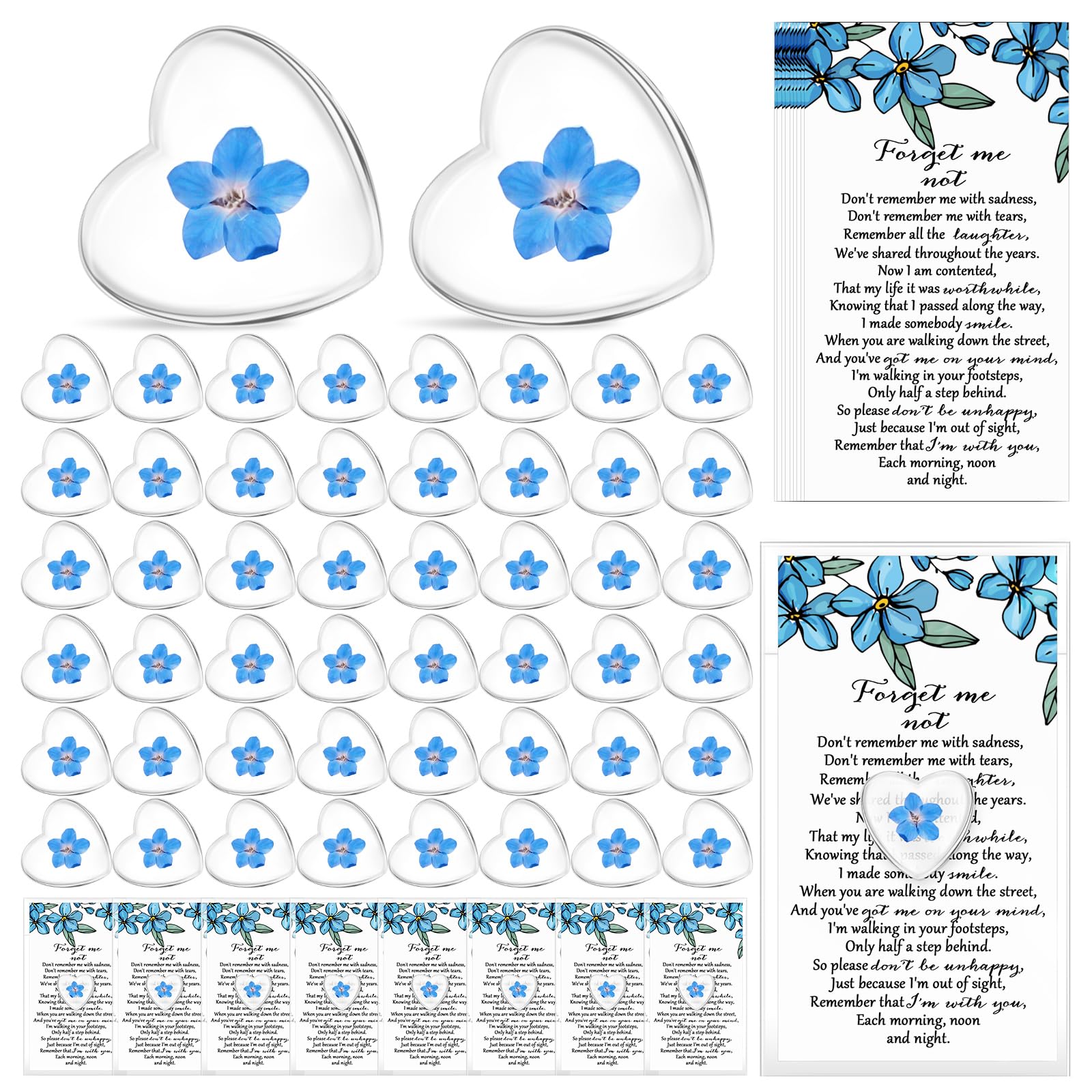 Photo 1 of Cunno 100 Sets Forget-me-not Flower Gift Set, Heart-shaped Dried Pressed Flower Keepsakes with Sympathy Cards and Bags, Memorial Remembrance Tokens for Funeral, Wedding, Baptism Ornament Favors