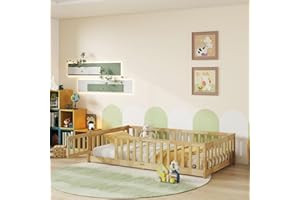 Mirightone Twin Size Floor Bed for Kids, Wood Montessori Floor Beds with Fence Railings, Door & Slats Support, Twin Playhouse Bed Frame for Boys Girls, No Box Spring Needed, Natural