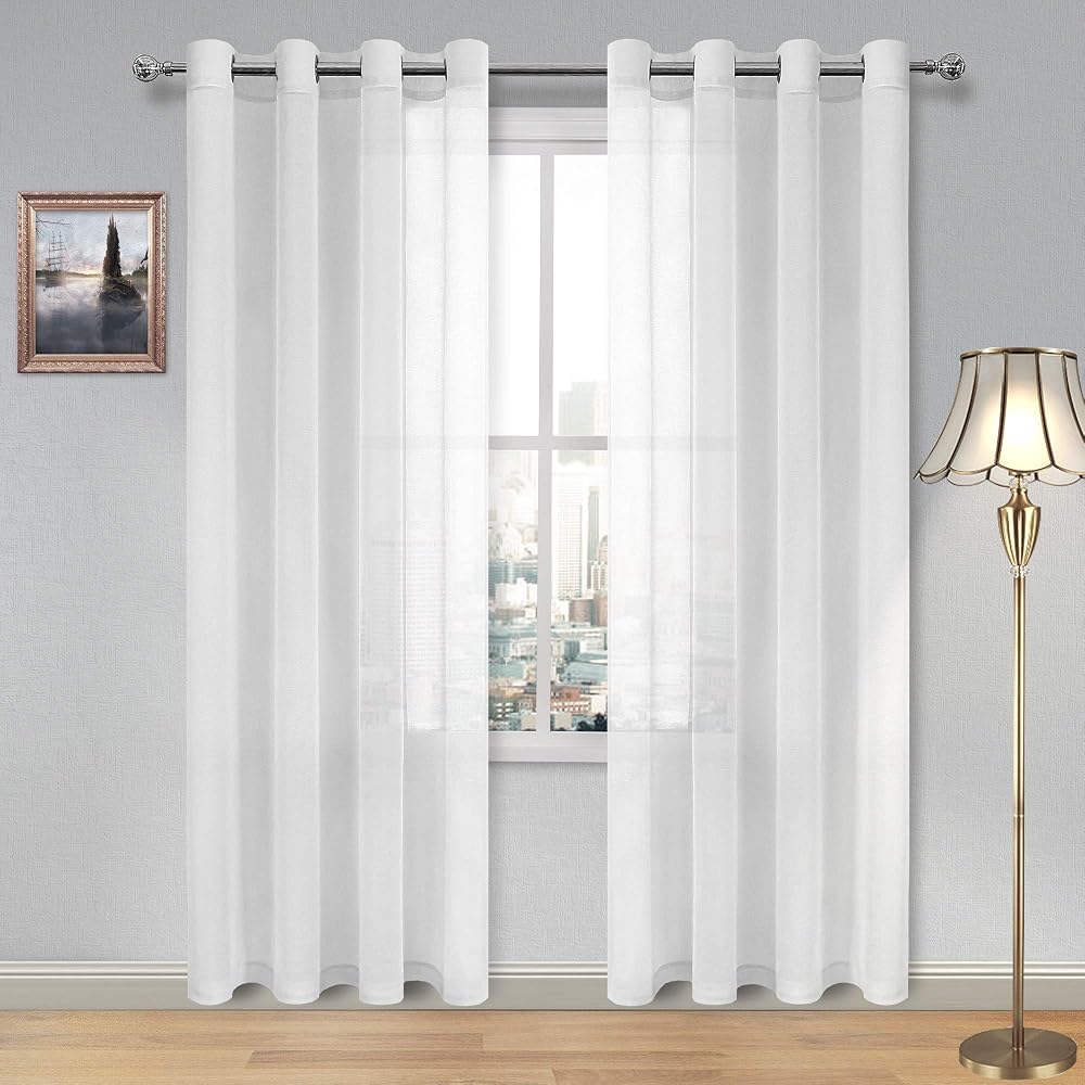 DWCN White Sheer Curtains 52x84 2 Panels Textured Voile Eyelet Top