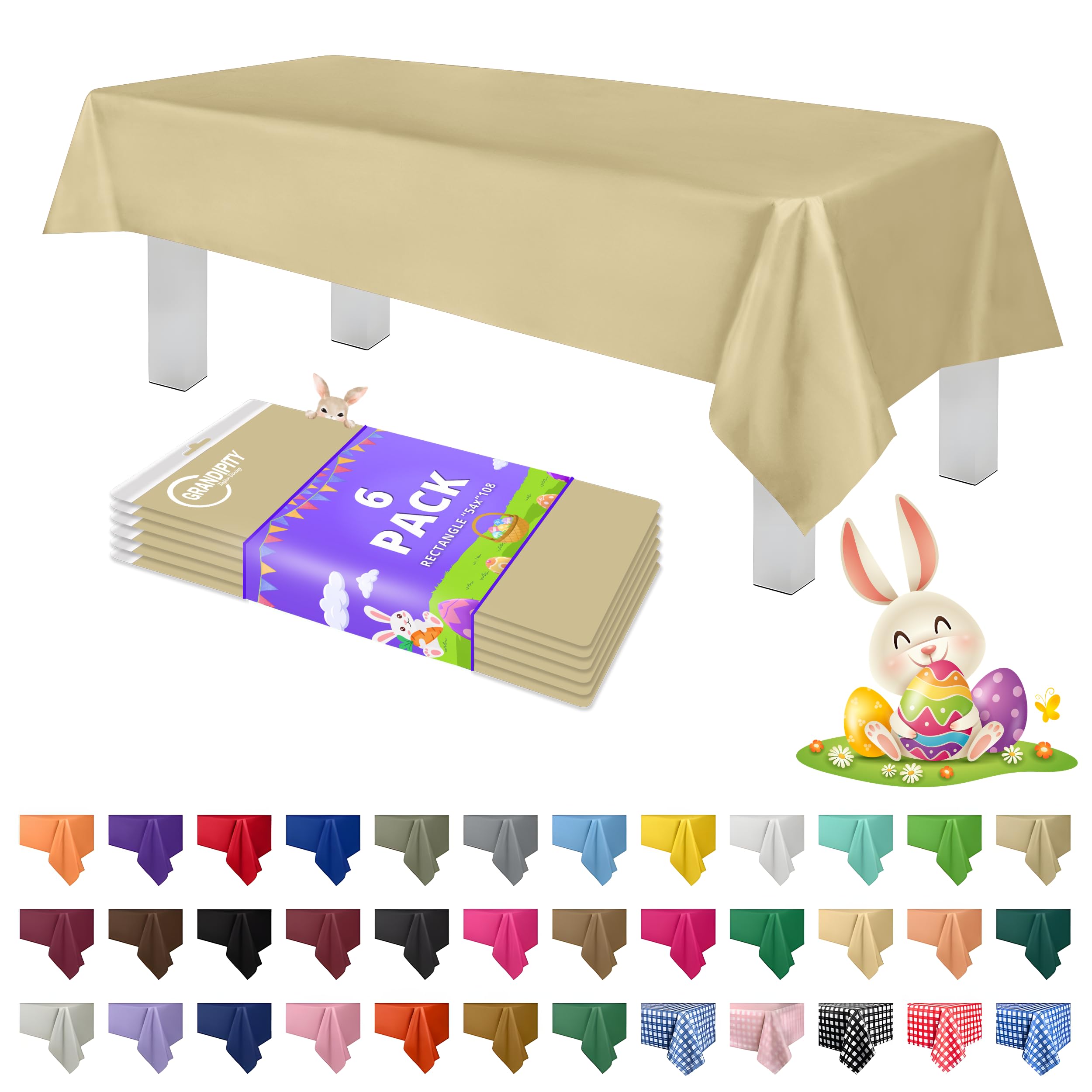 Grandipity Beige Plastic Table Cloth Disposable (6 Pk) 54in x 108in Plastic Tablecloths for Rectangle Tables - Premium Party Table Cloths Disposable for 6ft to 8ft Rectangle Tables — image 1