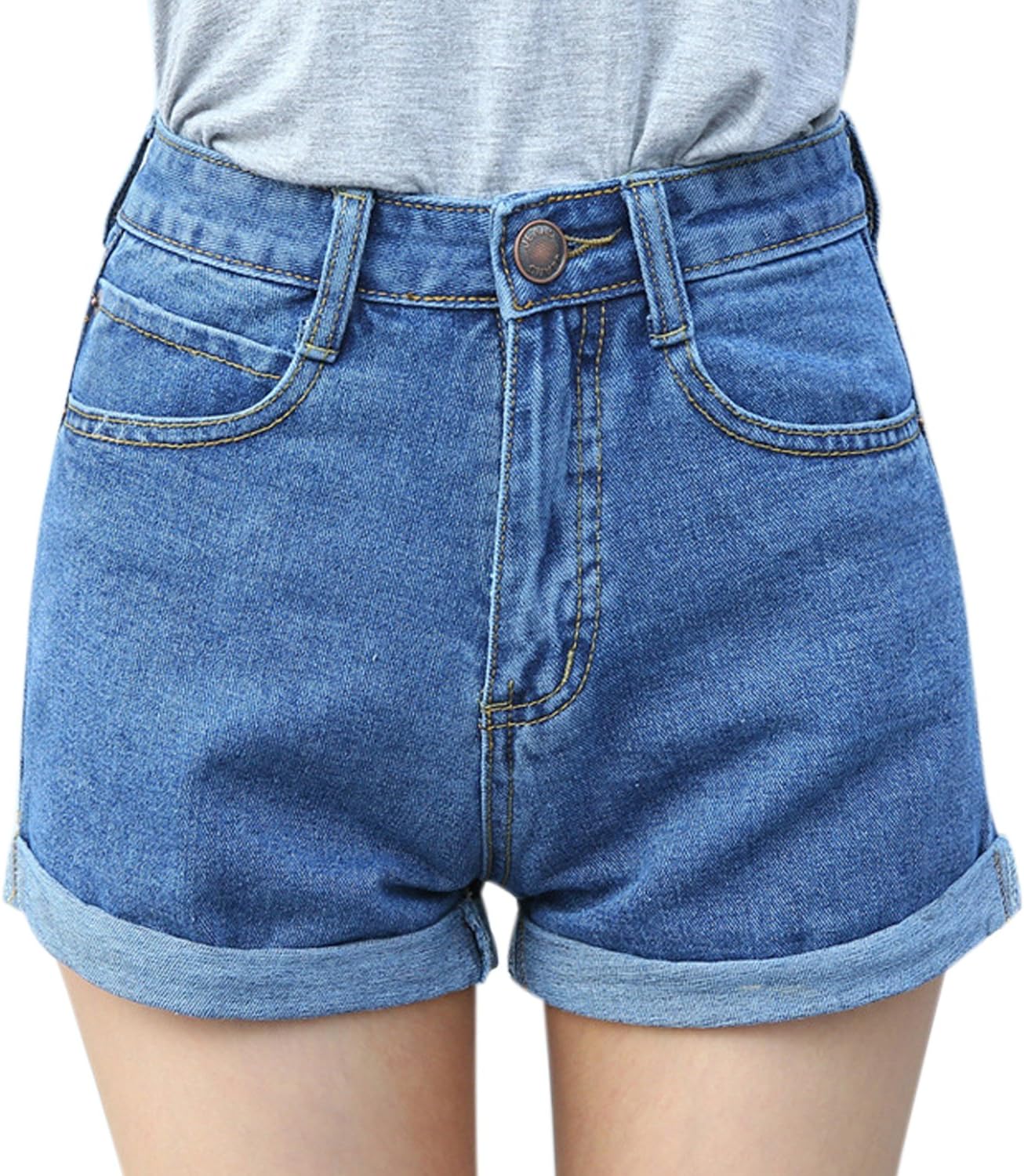 Women Girl Denim Shorts Vintage Retro High Waist Blue Curling Short Jeans