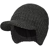M/L/XL/XXL Waterproof Merino Wool Brim Beanie for Men with Ear Flap, Outdoor Warm Fleece Lined Knit Winter Hat for Big Heads