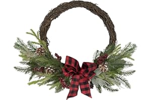 NORTHLIGHT ICY Winter Foliage and Plaid Bow Artificial Christmas Twig Wreath, 23 inch, Unlit