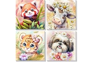 Bowetile 4 Pack Animals Paint by Numbers Adult Kit Beginner, Kids' Paint by Number Kits on Canvas with Frame, Tiger Cow Dog P