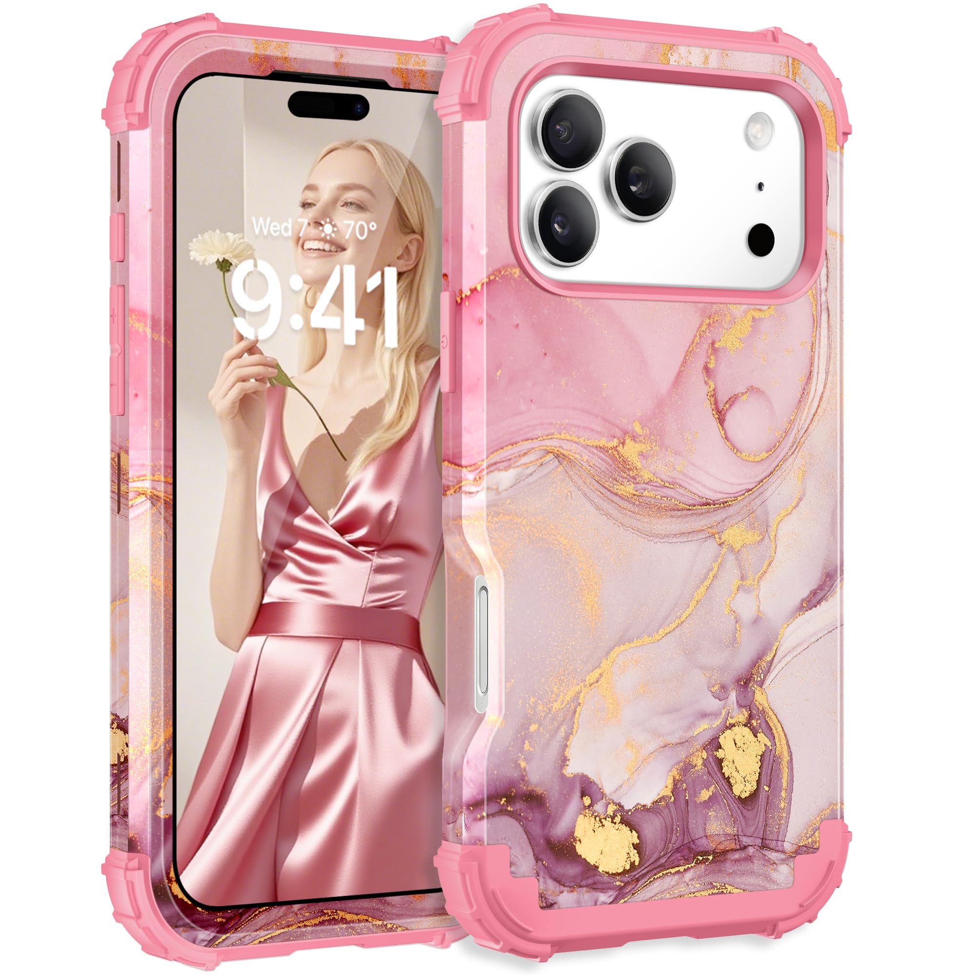 Photo 1 of Casewind for iPhone 17 Pro Max Case,Marble Rose Gold 3 in 1 Hard PC Silicone Rugged Bumper Heavy Duty Shockproof Antiscratch Military Fullbody Protective Cute Phone Case for iPhone 17 Pro Max,6.9"