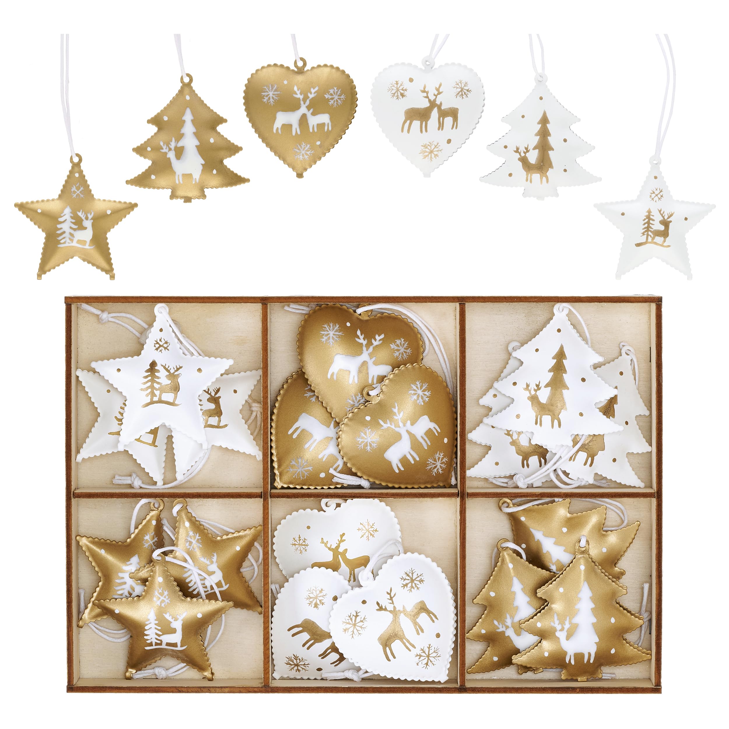 Valery Madelyn 18pcs Traditional Gold and White Christmas Tree Decorations, Metal Christmas Hanging Pendants, Xmas Ornaments with Tree, Star and Heart Patterns for Gift Tag, 2.1inch / 5.3cm