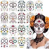 18 Pack Day of the Dead Face Tattoos, Sugar Skull Catrina Makeup Kit, Halloween Mask Temporary Tattoo Stickers, Skeleton Paint Dia de los Muertos Decorations, Accessories, Favors & Costumes