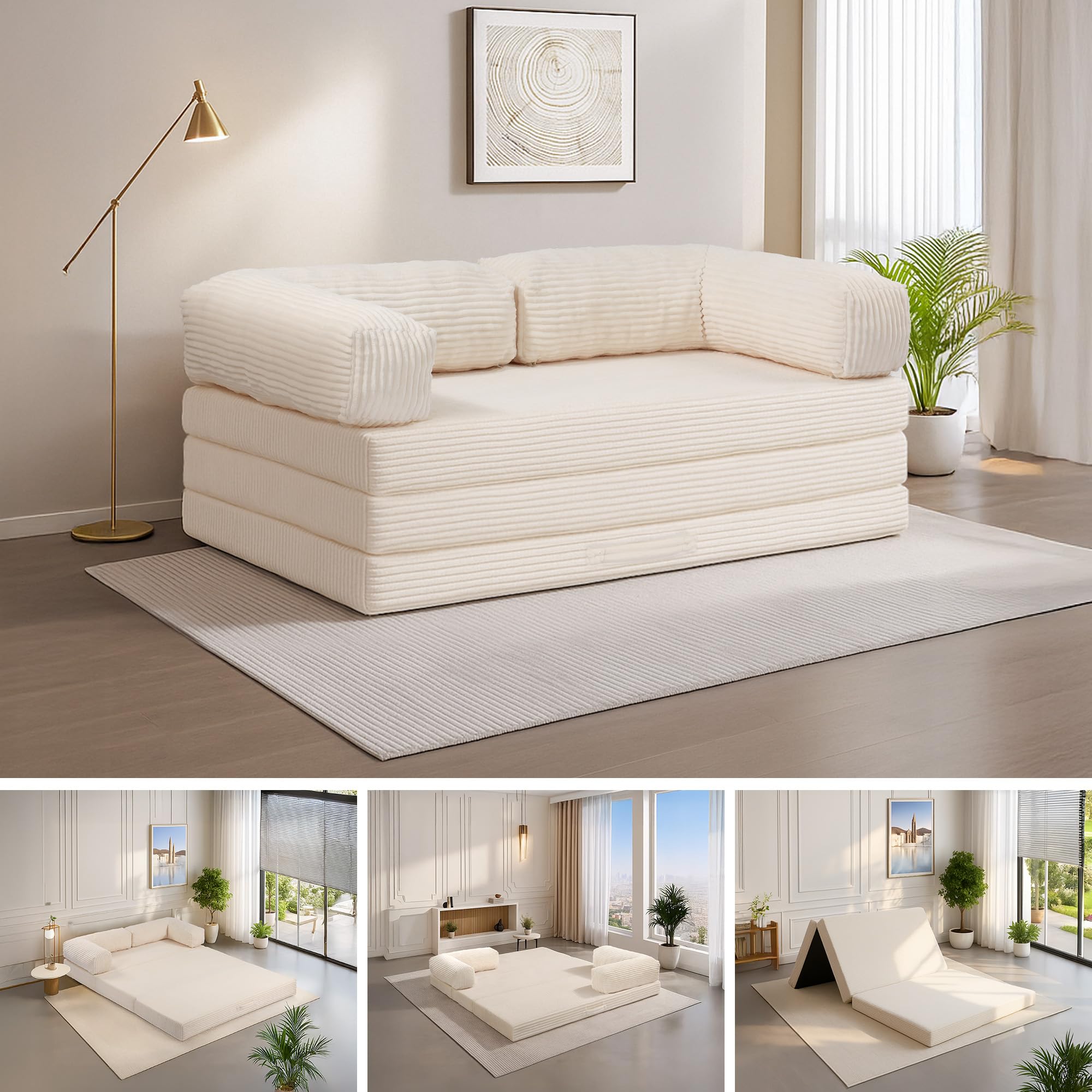 Photo 1 of ***NEED TO BE WASHED***5-in-1 Convertible Folding Sofa Bed,Full Tri-Fold Mattress with Removable L-Shaped Armrests,Corduroy Boneless Couch Floor Sofa Futon Couch Sleeper with Pull Out Bed for Living Room Bedroom Apartment