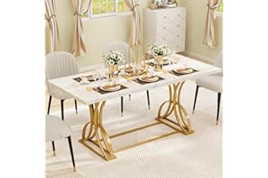 DWVO 70.3" Large Modern Dining Table for 6-8 People, Rectangular White Kitchen Dining Room Table with Faux Marble Tabletop and Gold Geometric Metal Legs, Farmhouse Wood Dinner Tables