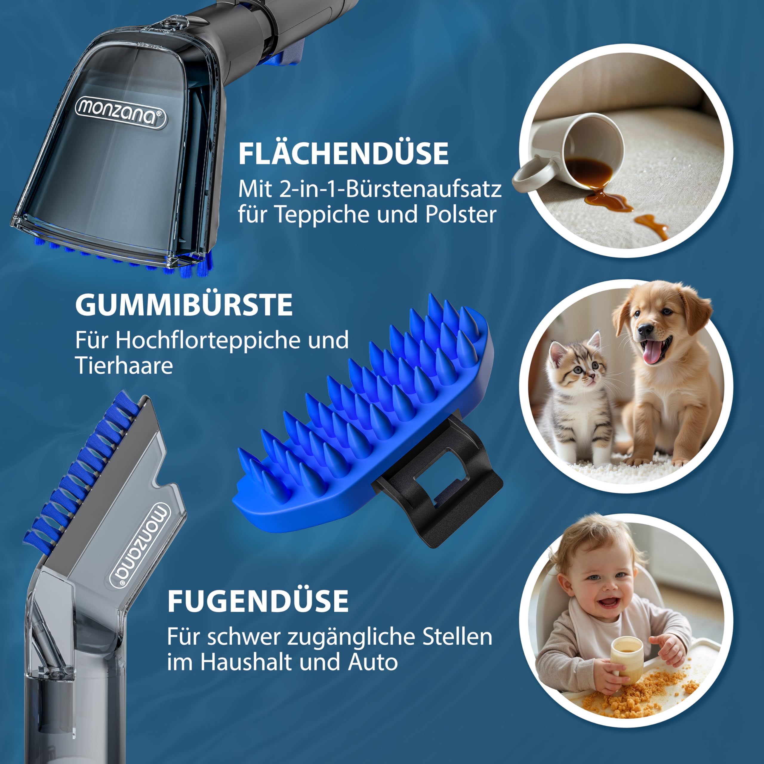 MONZANA® Polsterreiniger Gerät Waschsauger mit 2-in-1 Bürstenaufsatz für Teppiche & Polster 1,2 m Schlauch & 5,5 m Reichweite Nasssauger Teppichreiniger Haushalt 2