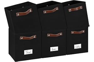 FinishingBo 6-Pack Collapsible Fabric Storage Cubes with Handles & Label Holders, Closet Cube Home Organizer Bins (Black, 10.5*10.5*11 inch)