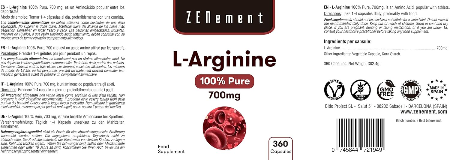 L-Arginine 2800 mg per Daily Dose (4 Capsules), Pure, Free-Form Arginine, Without HCL for Greater Bioavailability - Image 3