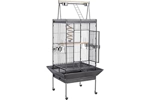 FullFurnique 69in Play Top Parrot Cage Wrought Metal Rolling Bird Cage wtih Industrial Wheels Feeding Bowls Perches & Bungee 