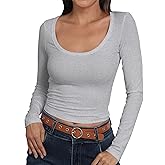Roselux Womens Long Sleeve Scoop Neck Ribbed Knit Fitted Crop Top Casual Basic Shirts