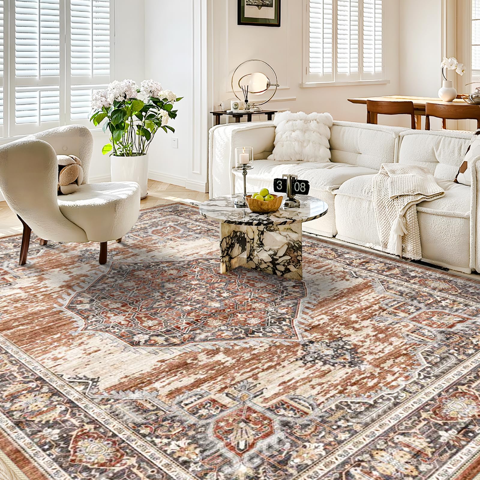 Washable Rug 8x10 Area Rugs: Super Soft Ultra-Thin Carpet - Non-Slip Backing Rugs for Bedroom Dining Room - Stain Resistant Vintage Large Area Rug 8'x10' Brick Image