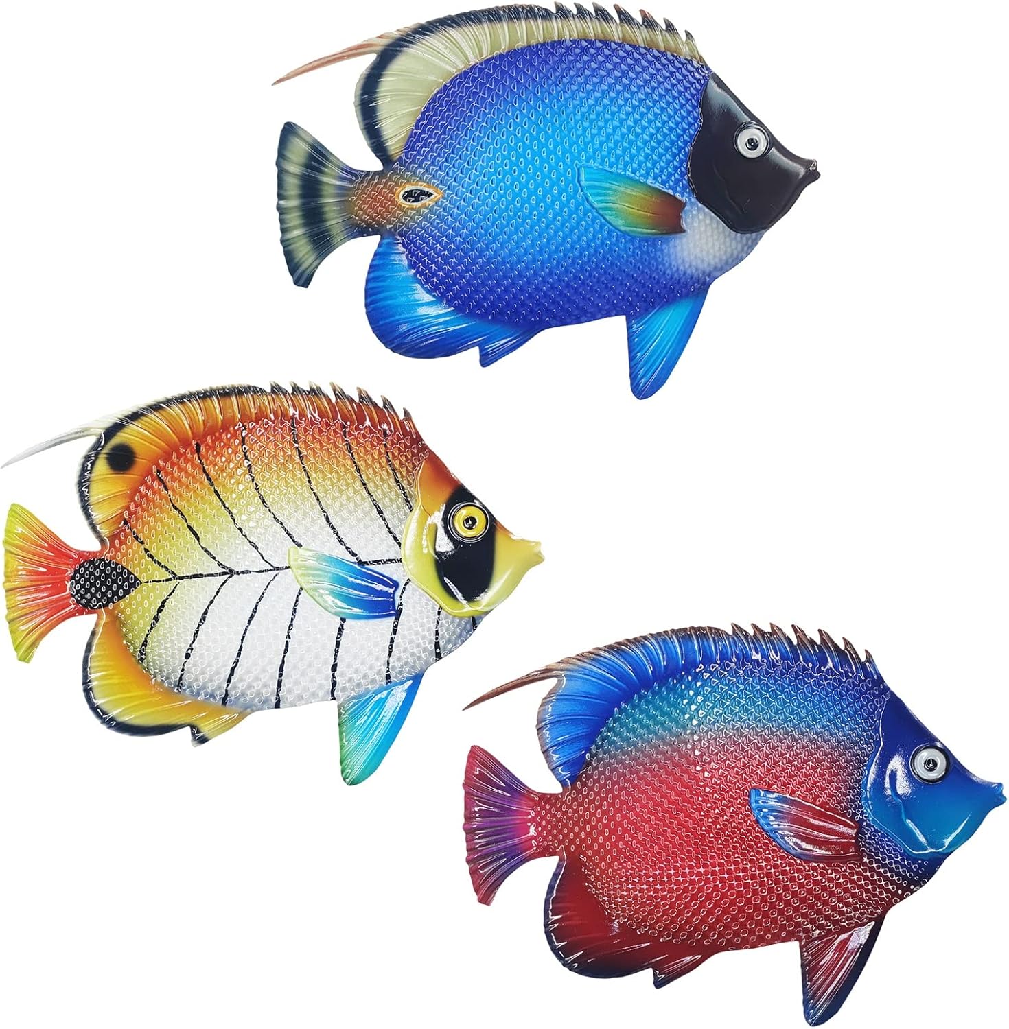 Plaques & Wall Art - John's Studio Metal Fish Sea Wall Decor Outdoor Garden Hanging Art Sculptures Home Ocean Theme Decorations for Kitchen Bathroom and Pool - 3 PCS