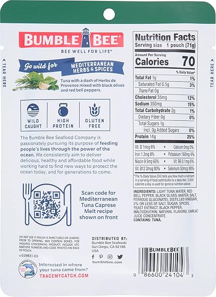 BUMBLE BEE MEDITERRANEAN HERBS & SPICES SEASONED TUNA, 2.5 OZ POUCH – READY TO EAT – WILD CAUGHT TUNA PACKET – 14G PROTEIN PER SERVING – GLUTEN FREE