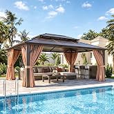 Aoxun 12'x16' Outdoor Gazebo with Double Polycarbonate Roof Brown | Hardtop Metal Gazebo with Mosquito Netting and Privacy Curtains for Garden, Patio, Backyard