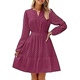 ZESICA Women's 2026 Long Sleeve Mini Dress Fall V Neck Hollow Out Eyelet Embroidery Ruffle A Line Swing Short Dresses