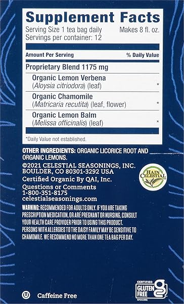 CELESTIAL SEASONINGS TEAWELL HERBAL TEA, STRESS RELIEF, LEMON VERBENA AND LEMON BALM, ORGANIC LEMON CHAMOMILE, CAFFEINE FREE WELLNESS TEA, 12 TEA BAGS