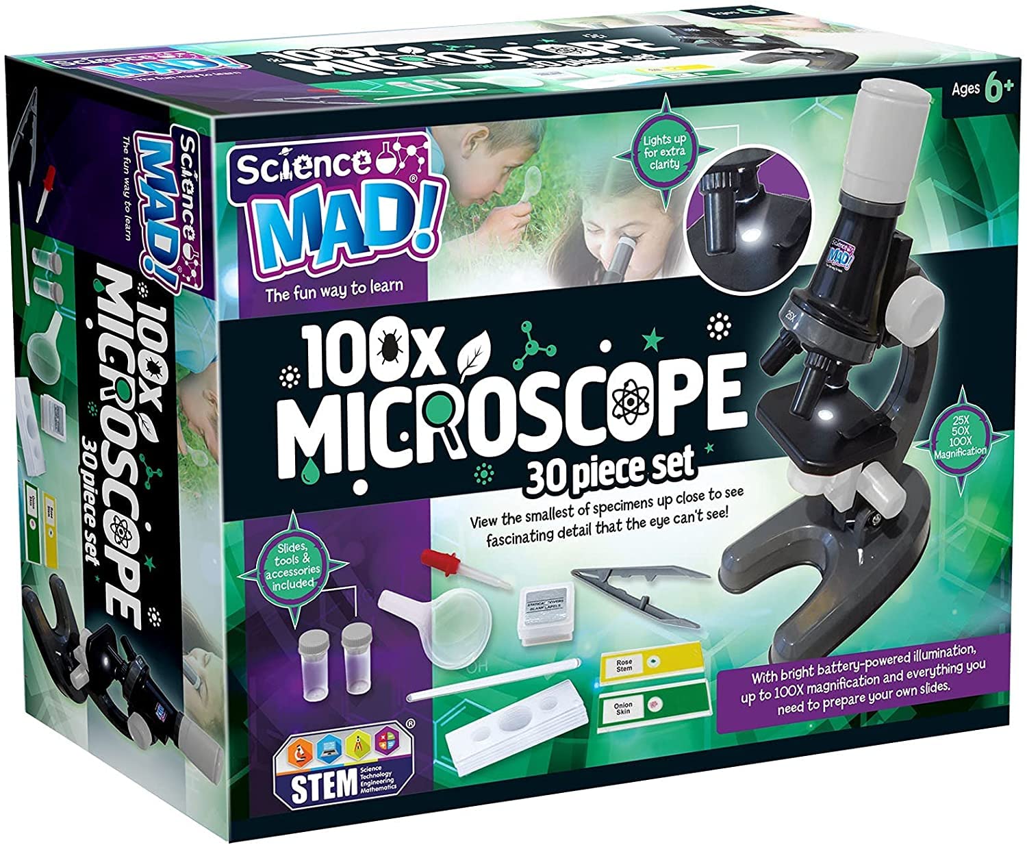 Science Mad - 100x Microscope For Kids - Learn How To Magnify With Fun - Features Powerful Illumination, 100x Magnification, Slides and Tools Included, 6+ Years