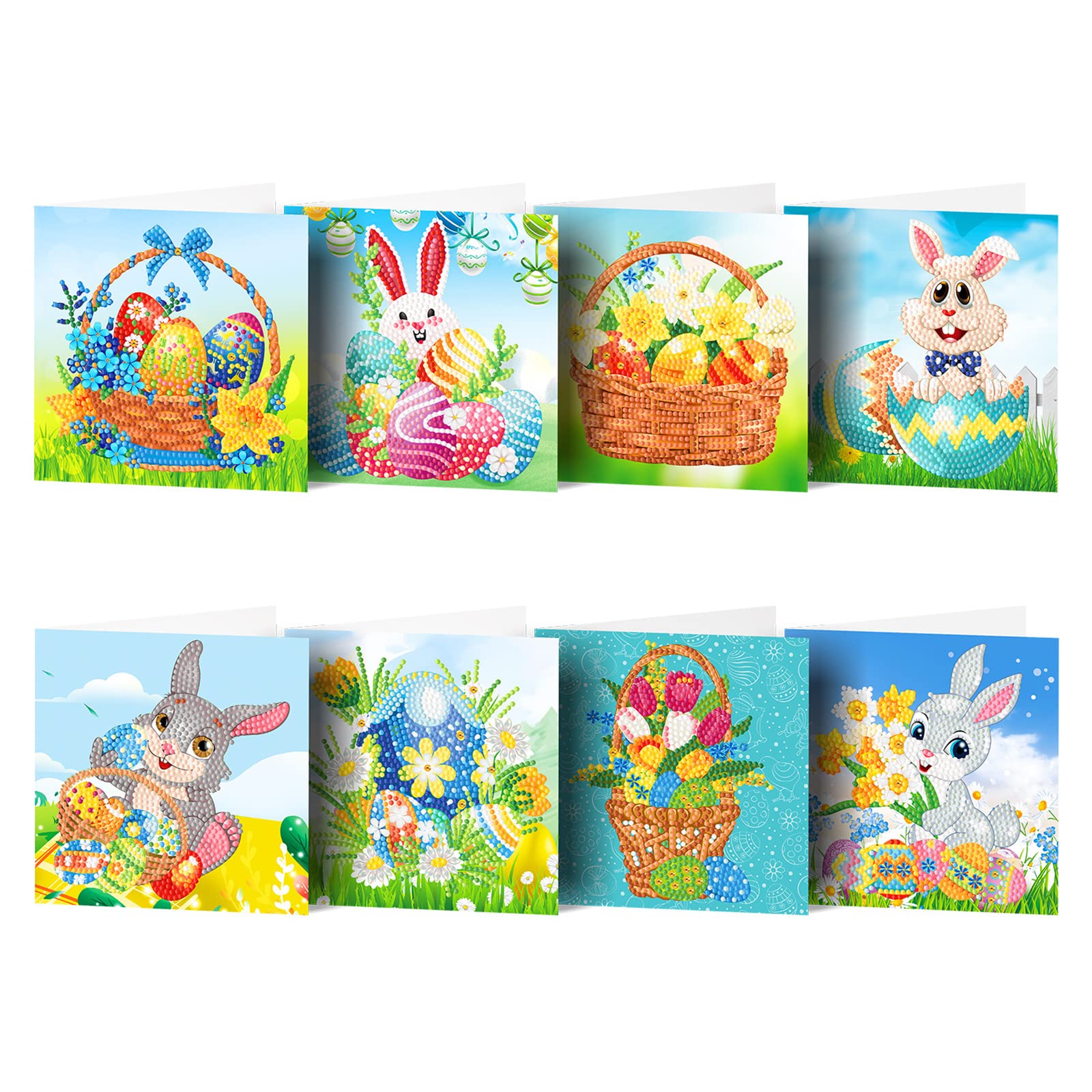 ZOYIEP Set of 8 Easter Greeting Cards, Handmade DIY 5D Diamond Painting Easter Eggs Rabbit Diamond Painting Pictures Greeting Cards with Blank Envelopes