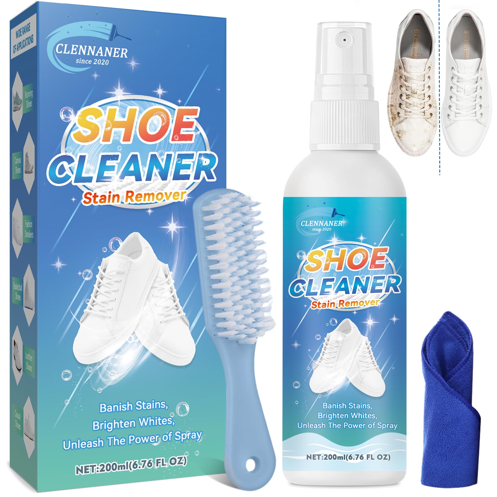 Photo 1 of Shoe Cleaner, 6.76 Oz Stain Remover Spray Removes Dirt and Grime, Sneaker Cleaner with Brush and Towel, Shoe Cleaning Kit Work on Rubber, Leather, Mesh, Boots, Canvas, Suede, PU, Fabric