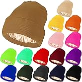 Hicarer 16 Pcs Satin Lined Winter Beanies for Women Men Bulk Silk Lining Hats Soft Warm Acrylic Knitted Beanie Hat Caps
