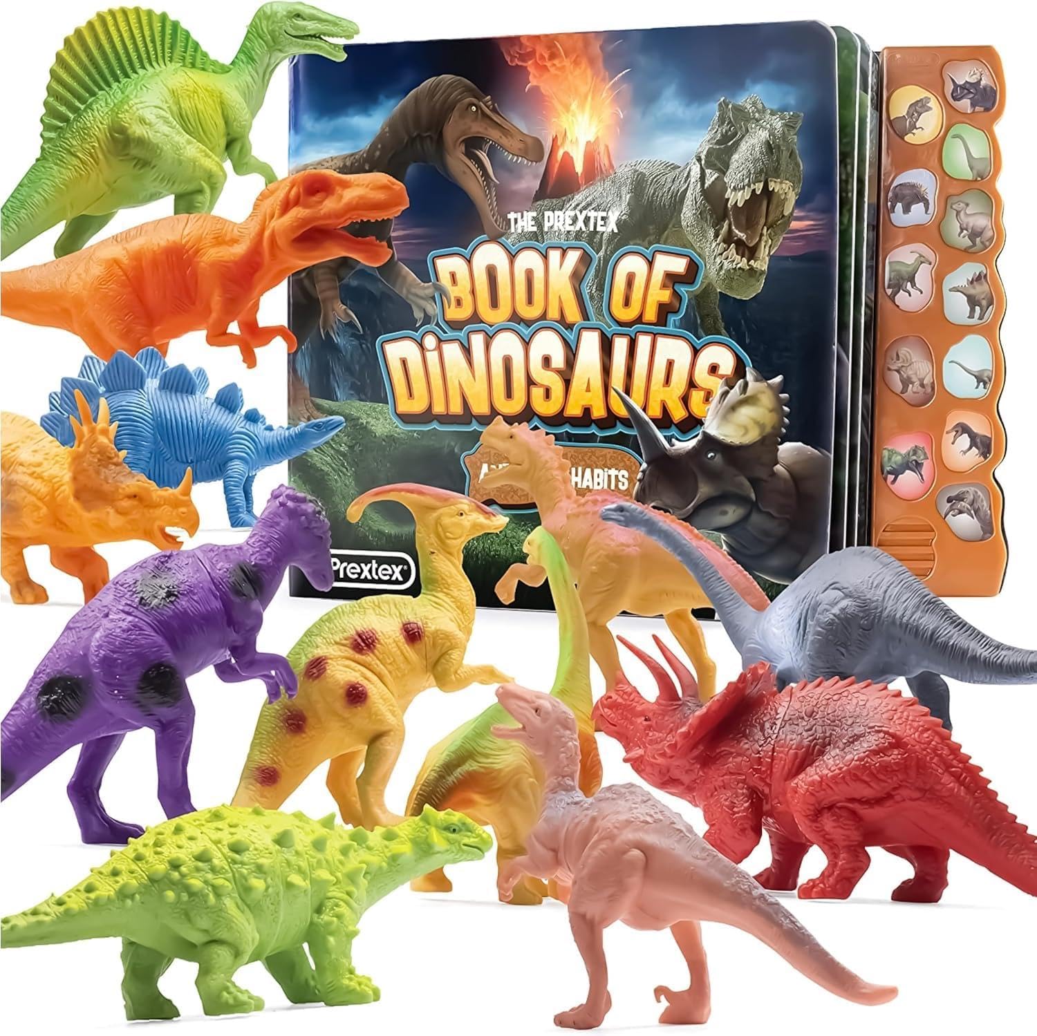 Prextex 12-Piece Dinosaur Figures Set - Toddler-Friendly Plastic Dinosaur Toys for Boys and Girls, Jurassic World Inspired, Ideal Cake Toppers - Includes Interactive Dino Book with Sound for Kids