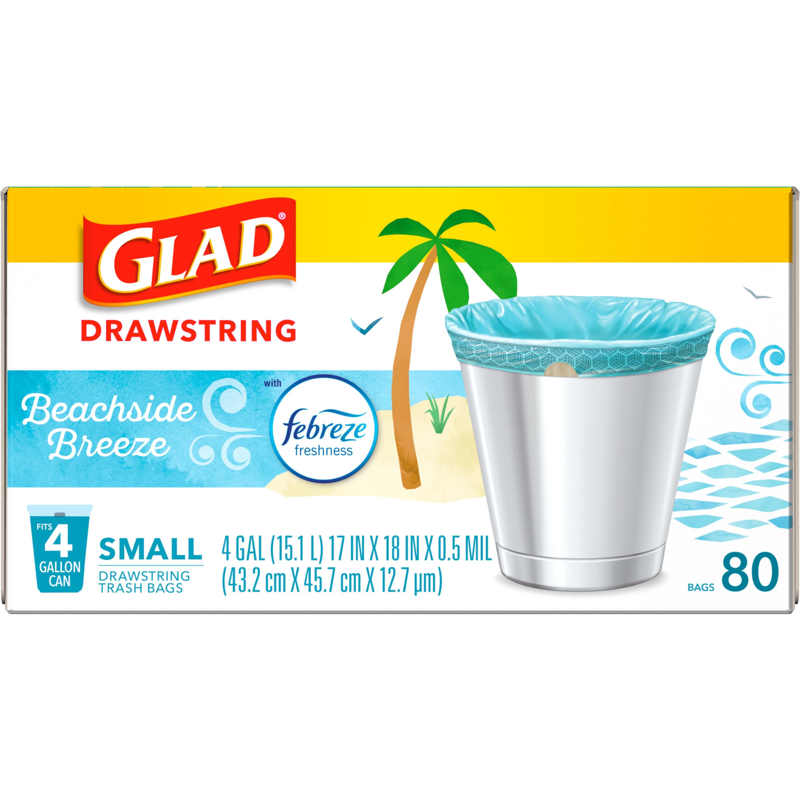 Glad Small Trash Bags 4 Gallon, Febreze Beachside Breeze Garbage Bags, Odor Resistant with Drawstring, 80 Count