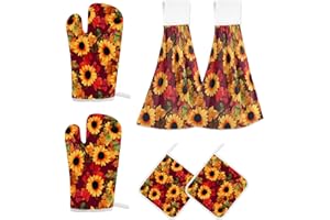 VKPSCHJ Hanging Kitchen Towels and Oven Mitt Potholders Set,Sunflowers Summer Vintage Soft Absorbent Hand Dish Towel with Loop,Extra Long Oven Mitts Heat Resistant Hot Pads for Cooking Baking