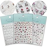 CESTSIREN Rose Flower Frame Nail Art Stickers Pearl Rhinestones Embossed Vintage Nail Decals for Nail Art Design Self-Adhesive Nail Accessories for Women Nail Art Supplies 3 Sheets