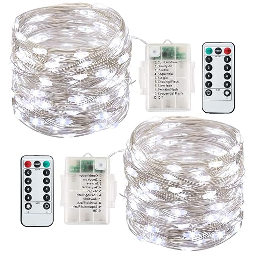 Fairy Lights Battery, 2Pack 13M 120LEDs String Lights Waterproof, Copper Wire Fairy Lights with 8 Modes Remote Control Timer for Bedroom, Garden, Wedding, Party, Festival Decorations (Cold White)