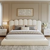 Glirun King Size Cloud Bed Frame with Wave Headboard, Upholstered Platform Bed with Velvet Finish, Sturdy Metal Slat Support, Noise-Free, No Box Spring Needed, Cream White