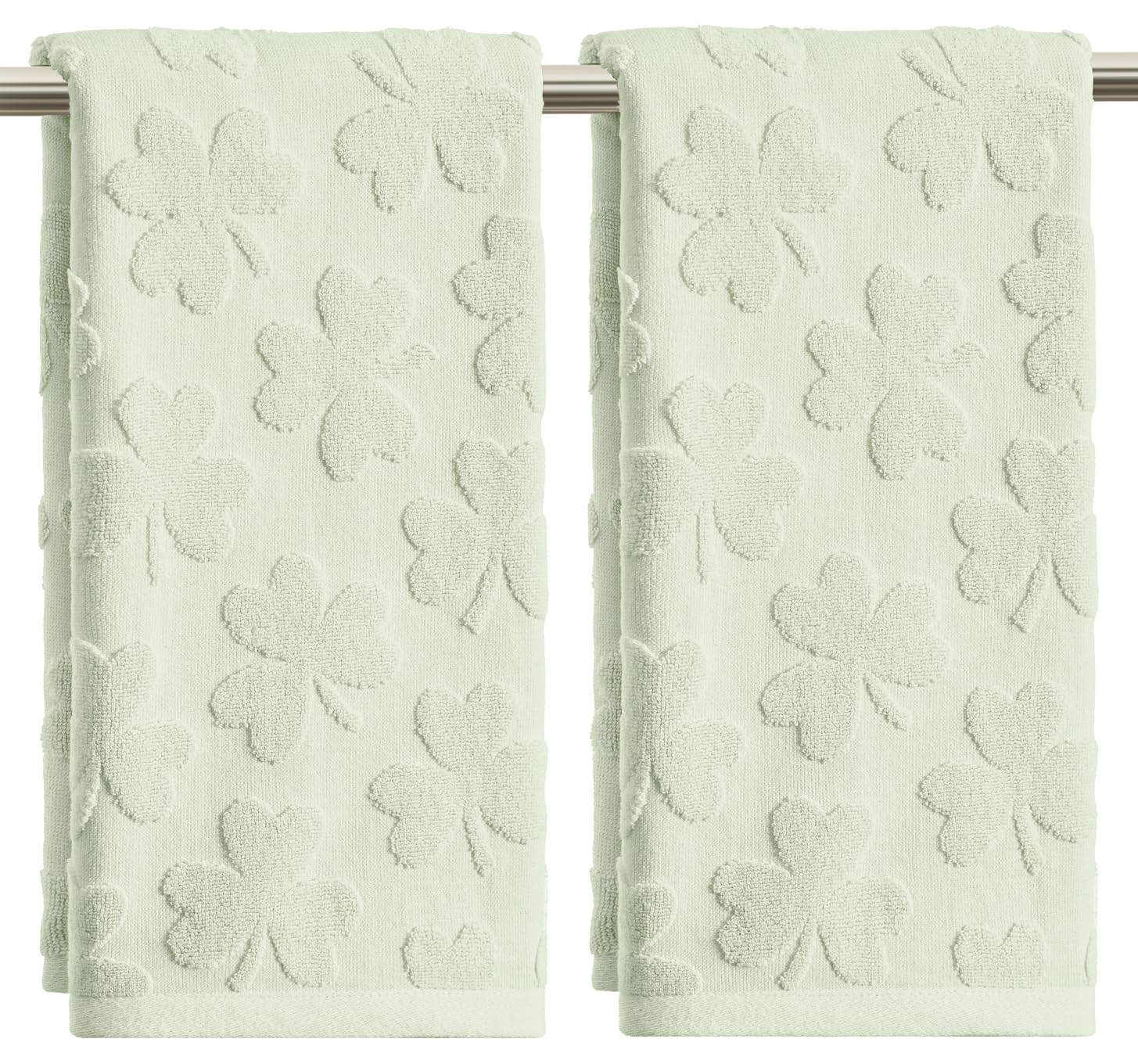 Photo 1 of Artoid Mode 2 Pcs Light Green 3D Shamrock Jacquard Patrick Hand Towels for Bathroom, 100% Cotton Soft Absorbent Bathroom Decor Towels, 13.7 x 29.5 Inch