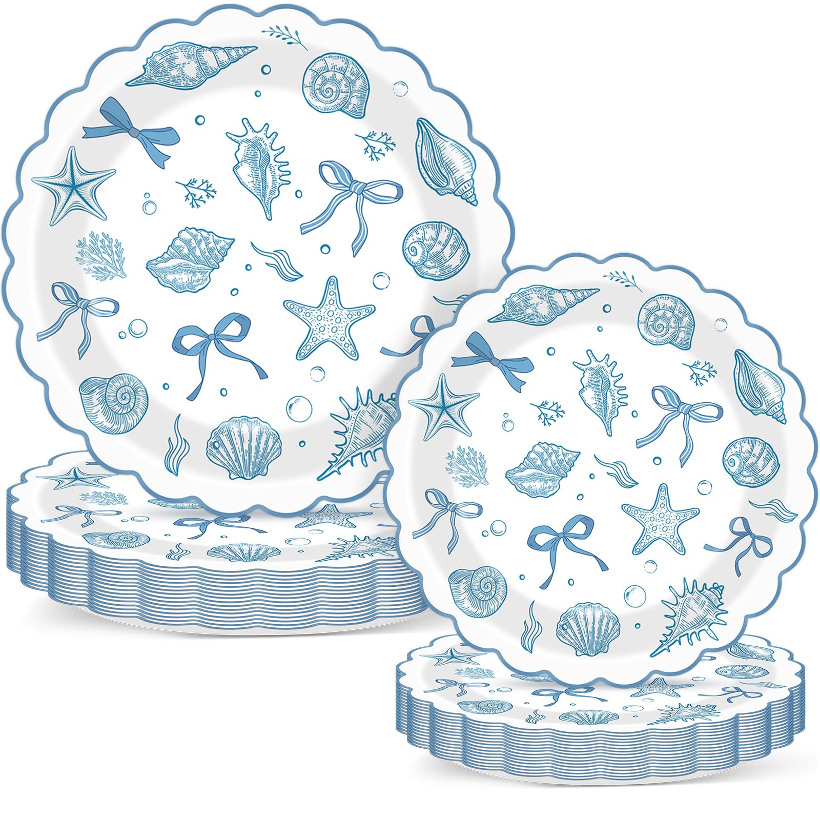 Photo 1 of 48pcs Scalloped Coastal Party Plates Ocean Theme Party Decorations Tropical Blue Bow Starfish Seashell Tableware Blue Bachelorette Decoration for Summer Beach Wedding Bridal Shower Birthday Supplies