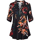 Ninedaily Women's 3/4 Sleeve Plaid Shirts Zip Floral Casual Tunic Blouse Tops